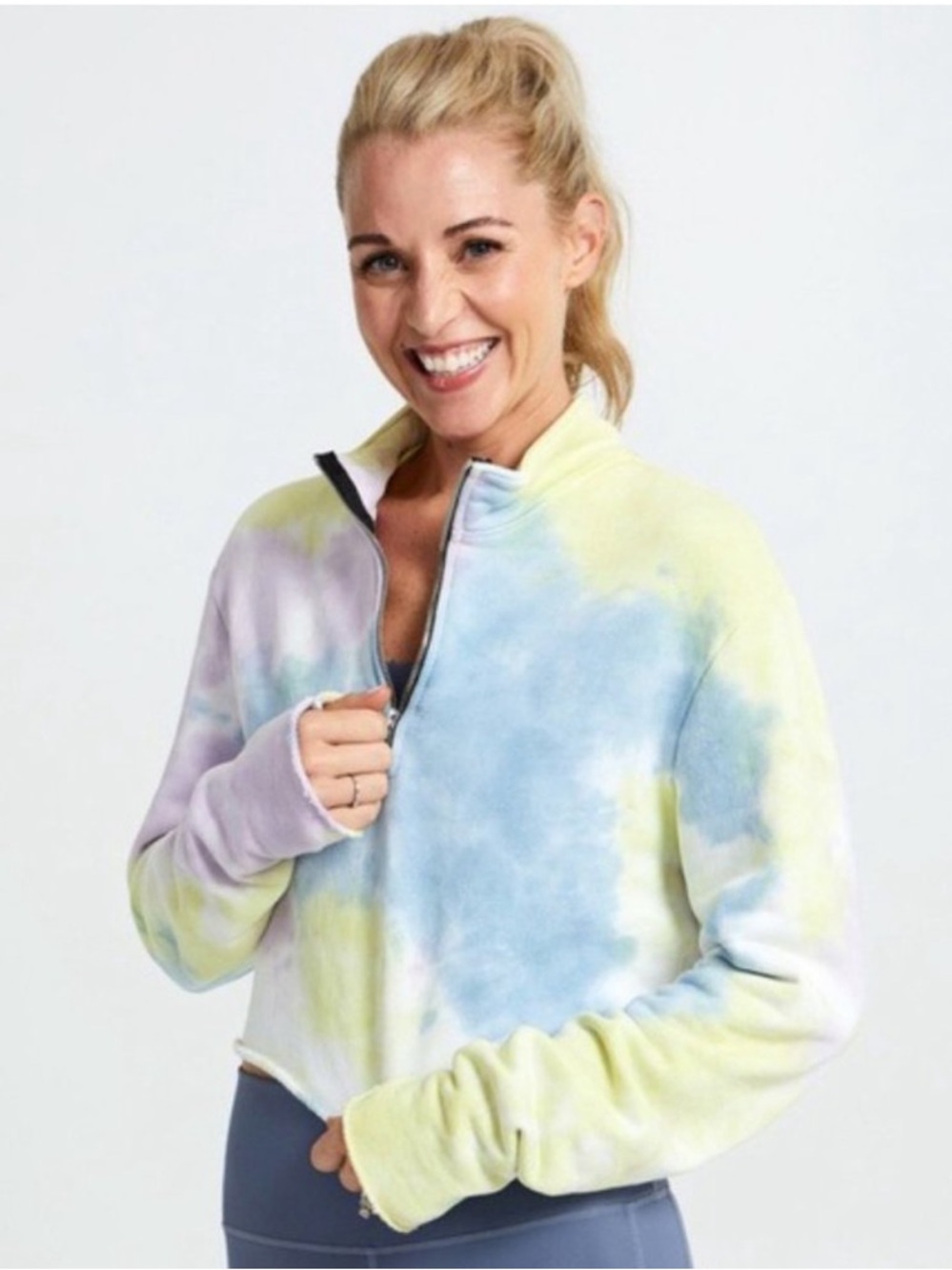 Cotton Citizen Pastel Tie-Dye Cropped Half-Zip Pullover - Blue, Pink, Yellow M